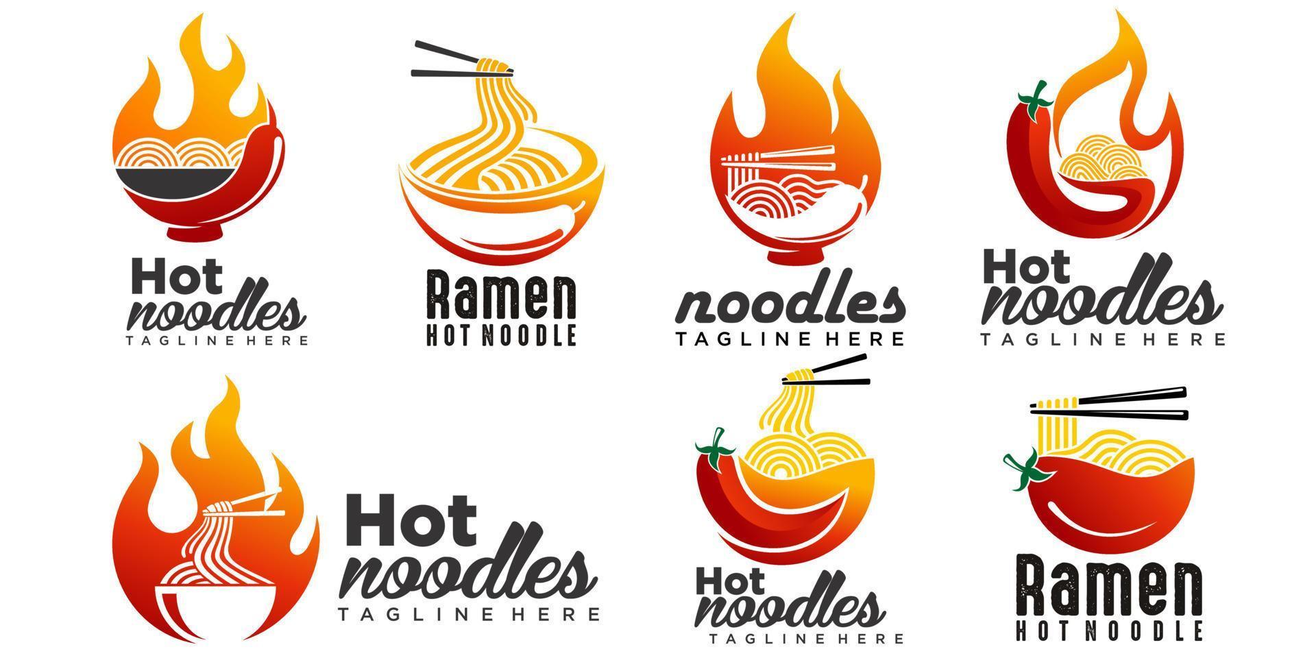 piccante ramen noodle icon set logo design illustrazione con ciotola, peperoncino e fuoco caldo. vettore