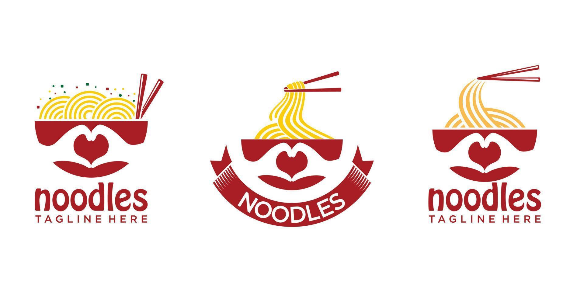 moderno e semplice set di icone logo design noodle con ciotola combinata, mano e amore vettore