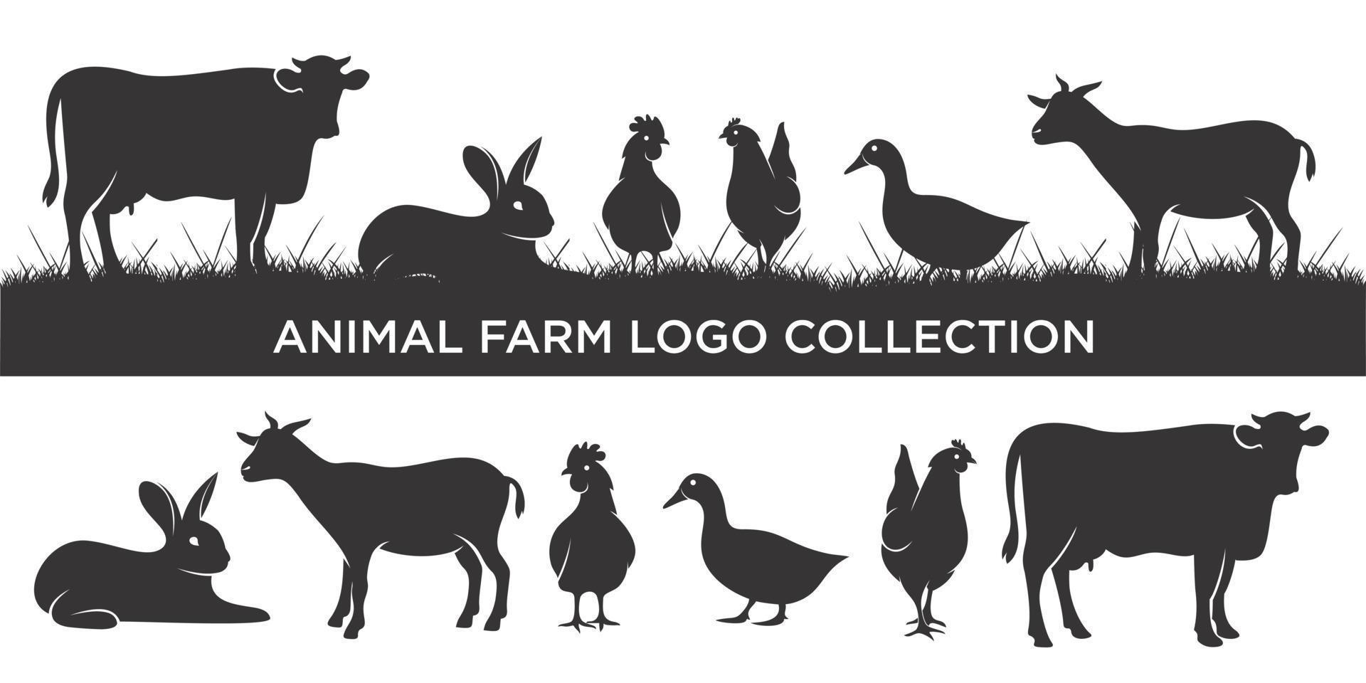 logo del bestiame con mucca, pollo, capra, anatra, coniglio e maiale. badge o logo dell'etichetta vettore