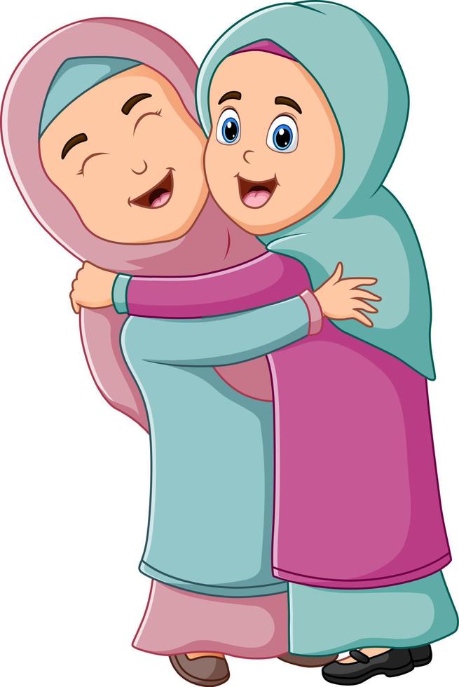 felice madre araba e figlia si abbracciano e sorridono insieme vettore