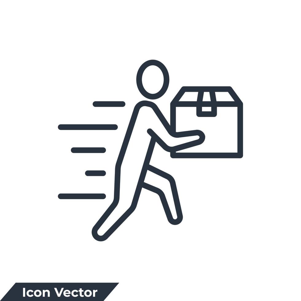 illustrazione vettoriale del logo dell'icona di consegna del corriere. uomo in movimento con scatola, persona che tiene in mano il modello di simbolo del pacchetto per la raccolta di grafica e web design