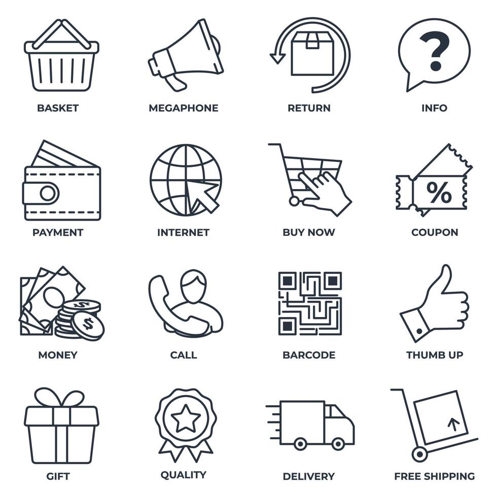 set di illustrazione vettoriale del logo dell'icona di e-commerce. cestino, megafono, restituzione, regalo, qualità, camion di consegna e altro modello di simbolo del pacchetto per la raccolta di grafica e web design