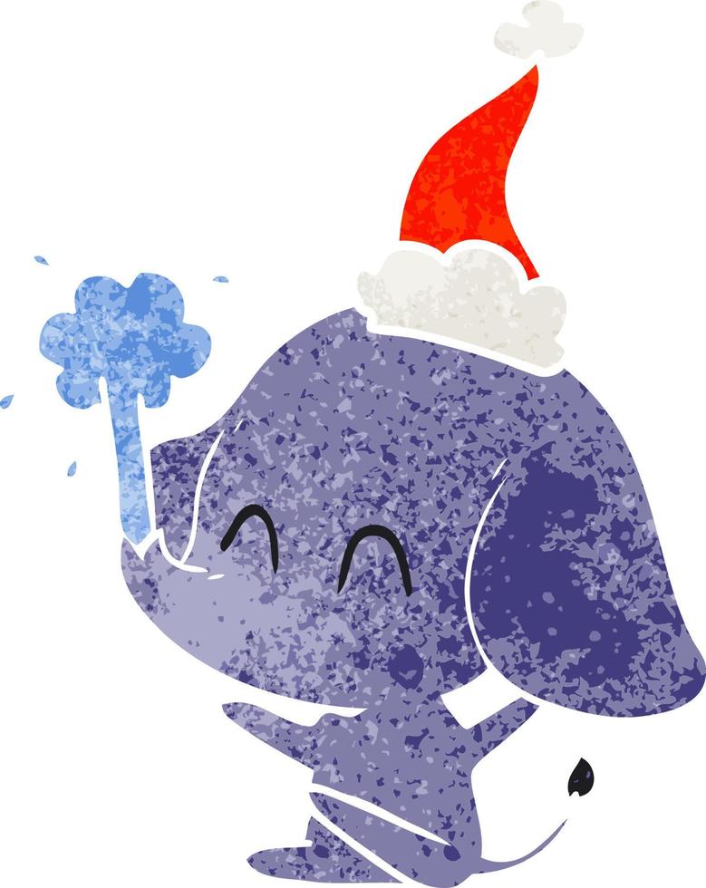 simpatico cartone animato retrò di un elefante che spruzza acqua con il cappello di Babbo Natale vettore