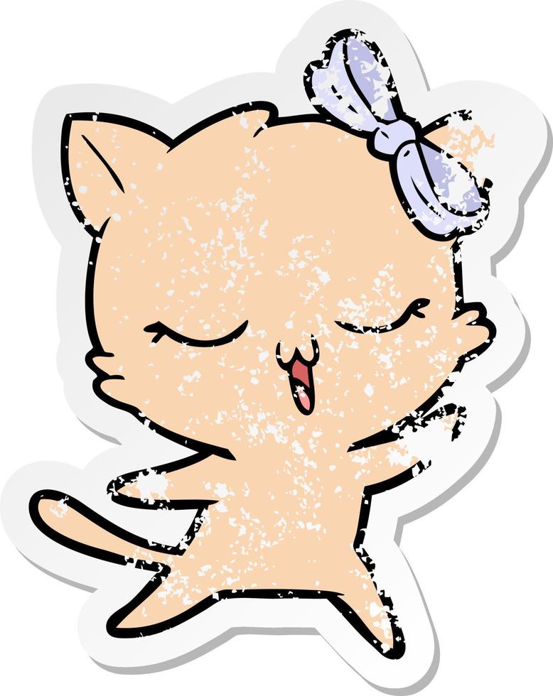 adesivo angosciato di un gatto che balla cartone animato con fiocco in testa vettore