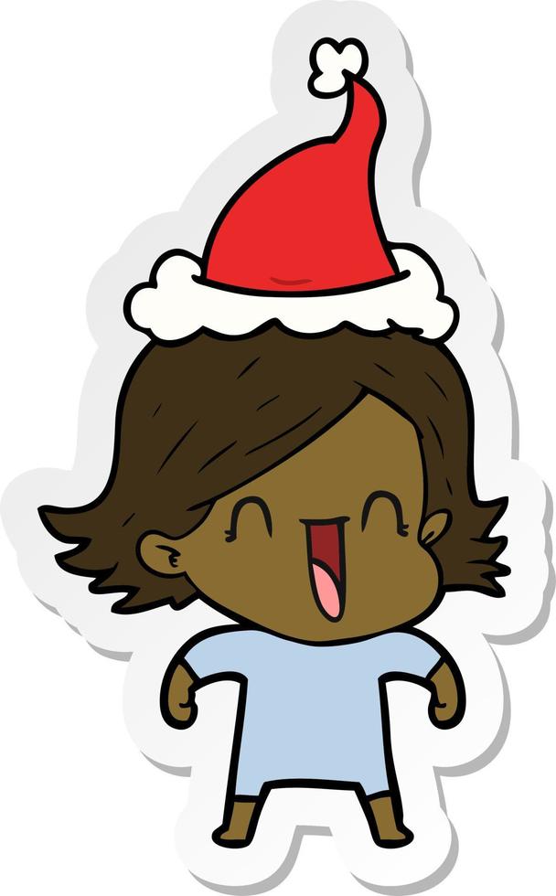adesivo cartone animato di una donna felice che indossa il cappello di Babbo Natale vettore