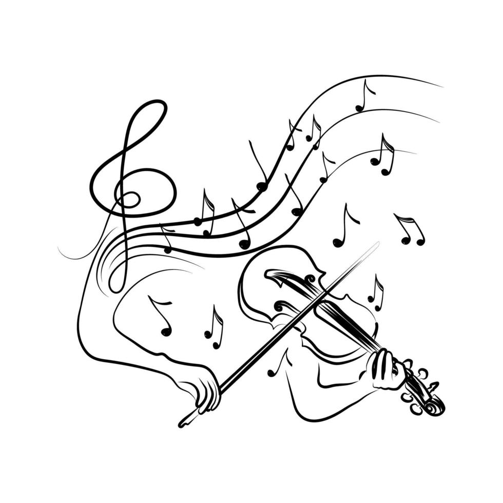 concetto di violino ispirato, doodle disegnato a mano. melodia. classico. note volanti. musica. ispirazione. estasi. talento. illustrazione vettoriale isolato su sfondo bianco