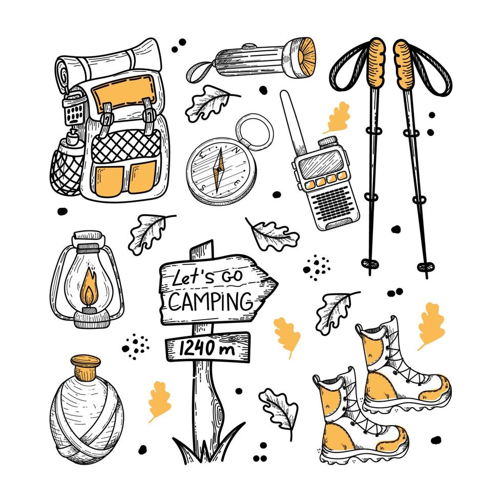 kit da campeggio con elementi in stile doodle disegnati a mano. zaino, torcia elettrica, bottiglia d'acqua, bastoni da passeggio, walkie-talkie, ecc. articoli per il turismo e il tempo libero. elemento isolato su sfondo bianco vettore