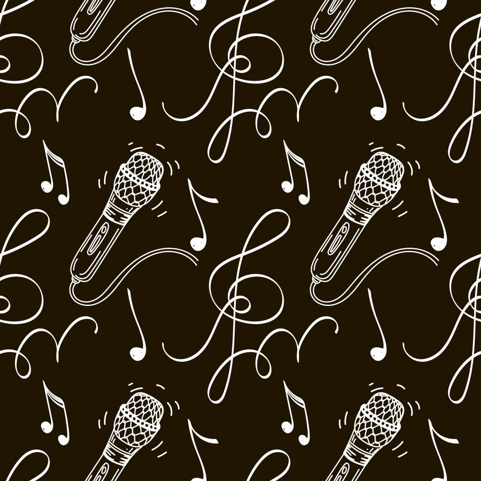 disegno senza soluzione di continuità di un microfono, un tasto musicale e note. elementi di doodle disegnati a mano. su sfondo nero. modello musicale, illustrazione vettoriale