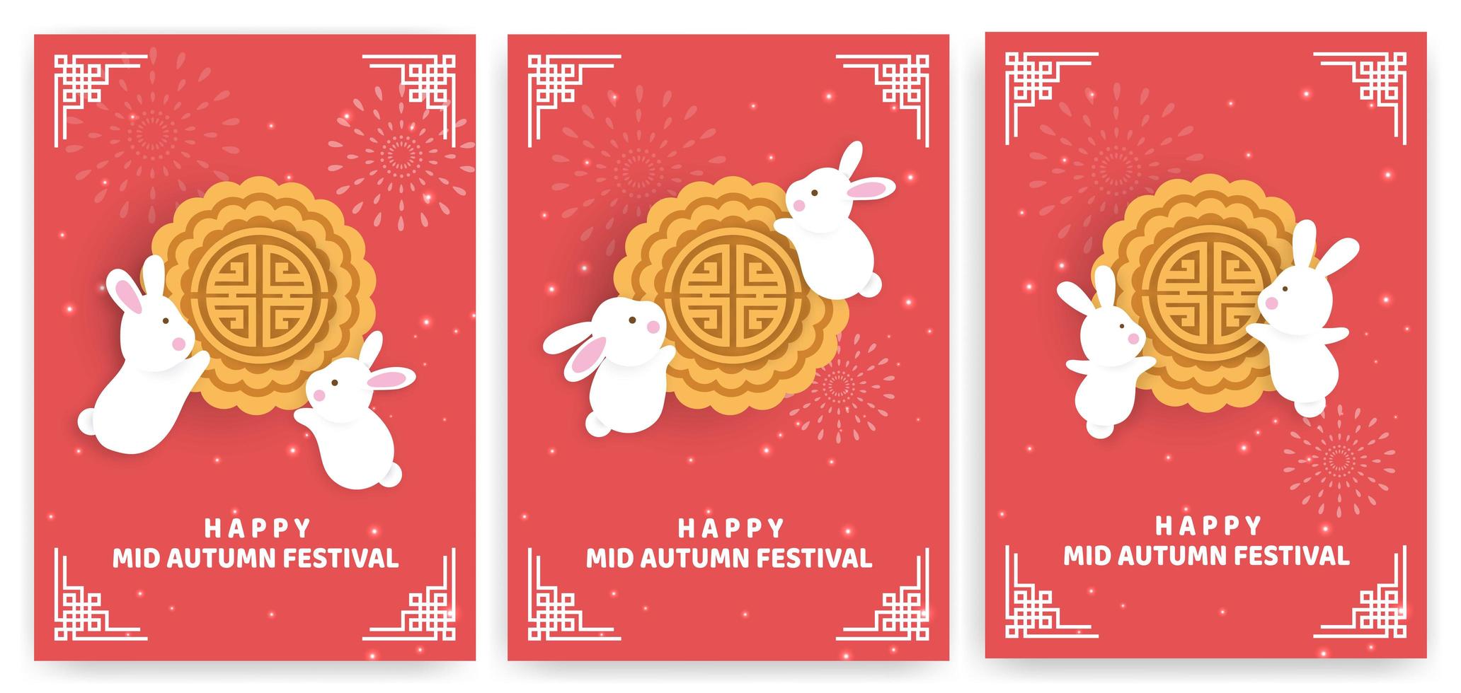 set di carte festival autunnale con conigli su rosso vettore