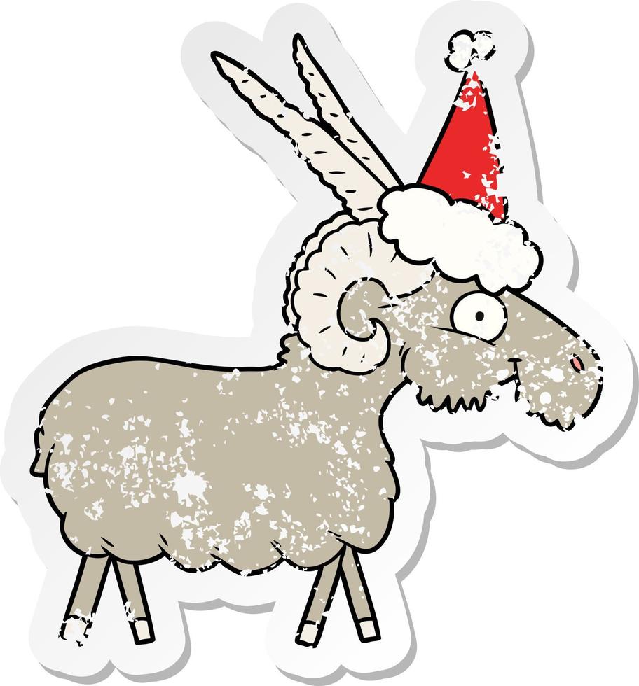 adesivo in difficoltà cartone animato di una capra che indossa il cappello di Babbo Natale vettore