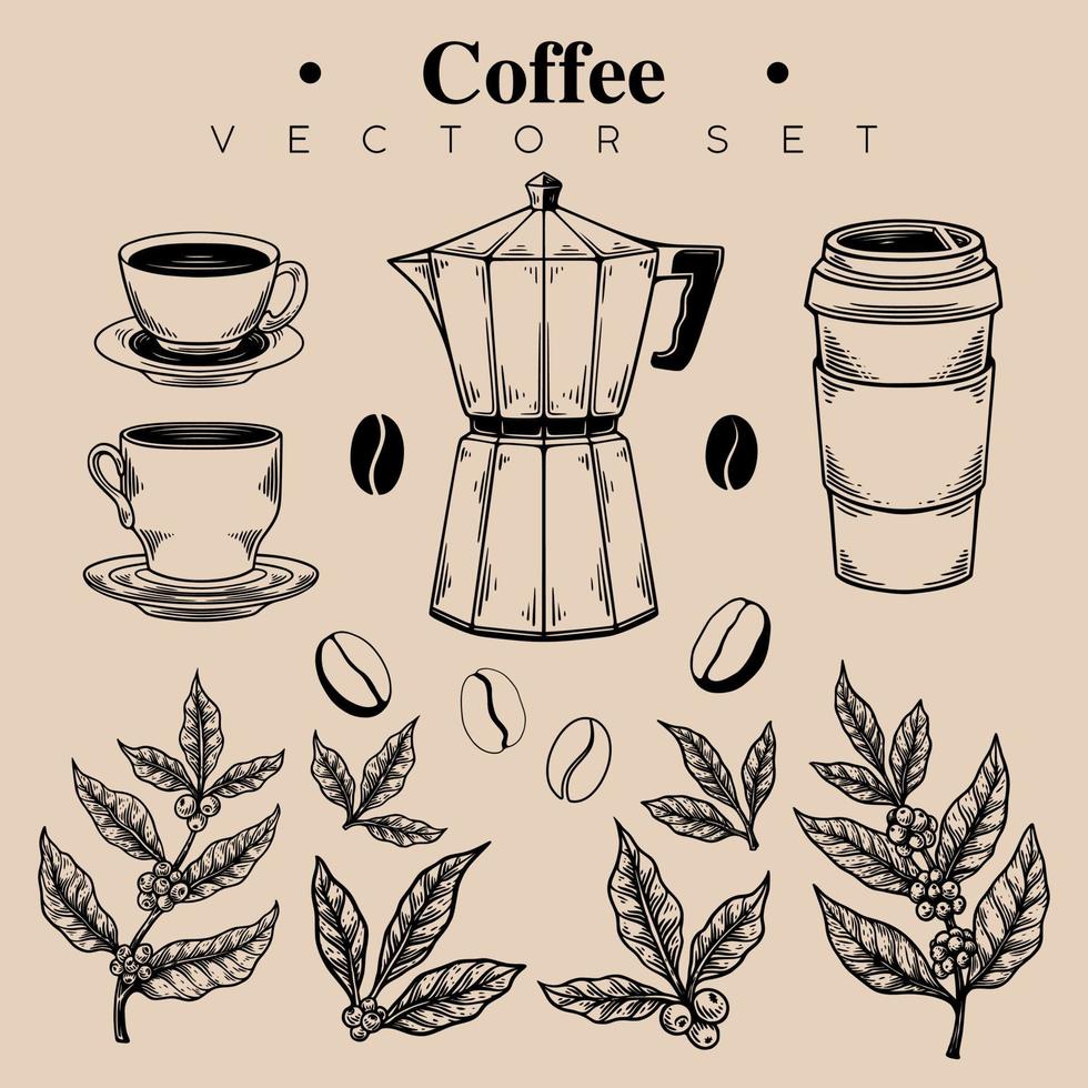 set vettoriale di caffè design con stile vintage retrò disegnato a mano