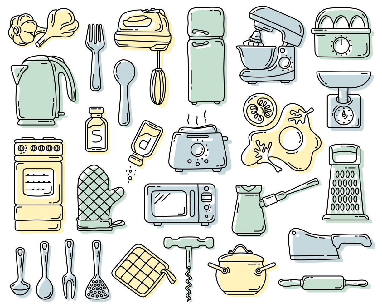 vettore impostato in uno stile disegnato a mano con uno sfondo colorato, utensili da cucina, elettrodomestici e prodotti
