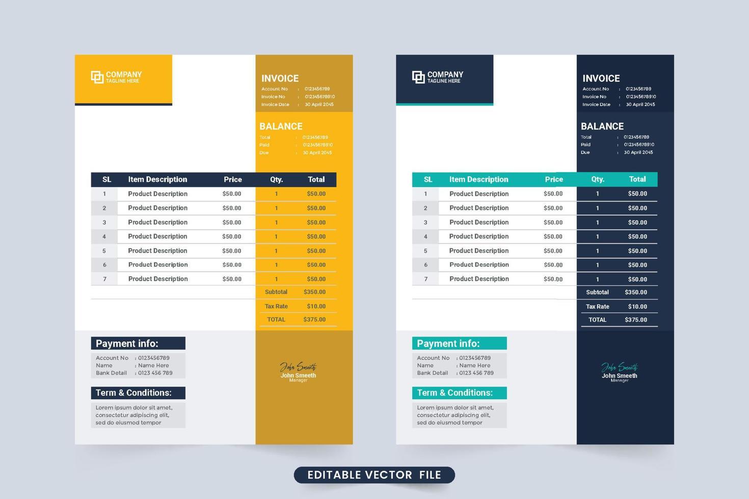 modello di fattura minimo e vettore di sezione di fatturazione. design moderno dell'elemento della fattura aziendale con i colori giallo e blu scuro. ricevuta della fattura e decorazione del layout di pagamento per il business aziendale.