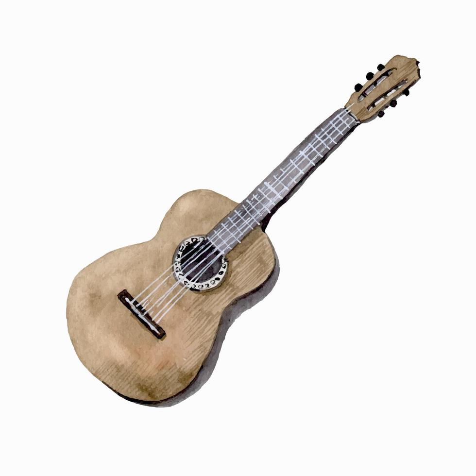 chitarra acustica dell'acquerello dipinto a mano illustrazione vettoriale di strumento musicale su sfondo bianco per un'icona o un invito di cartolina