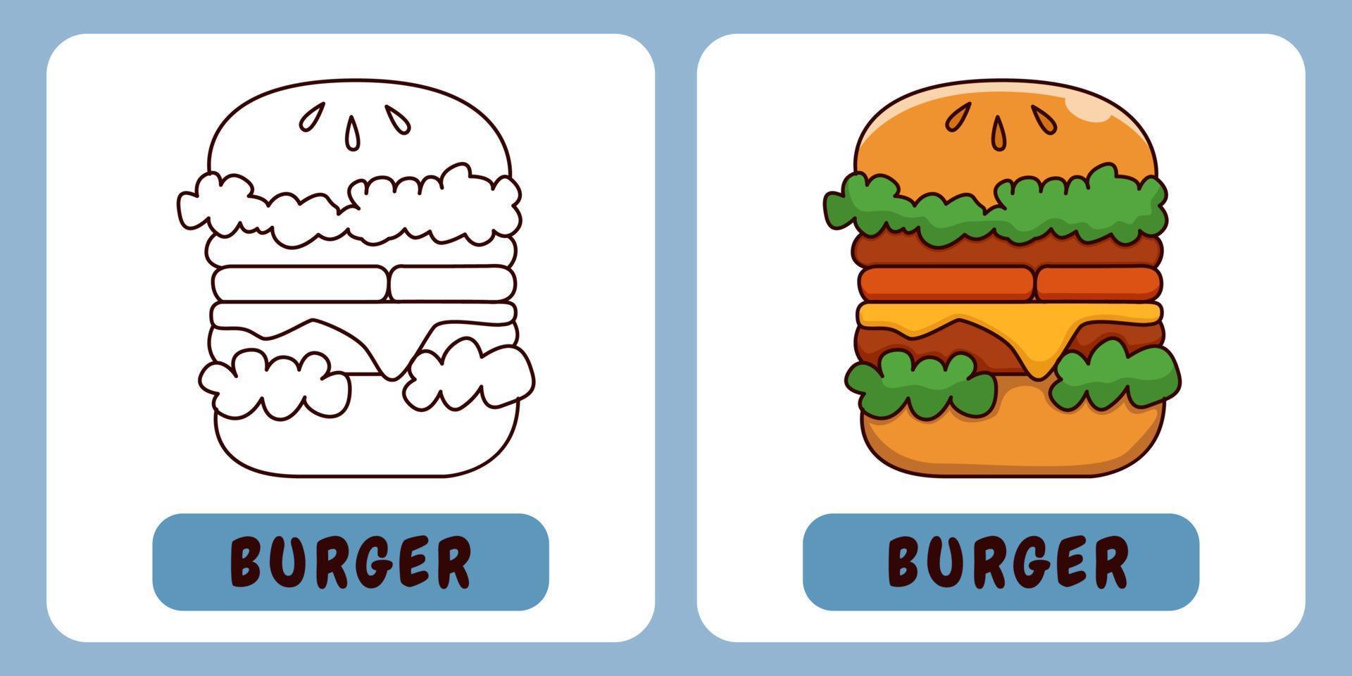illustrazione del fumetto dell'hamburger per il libro da colorare dei bambini vettore