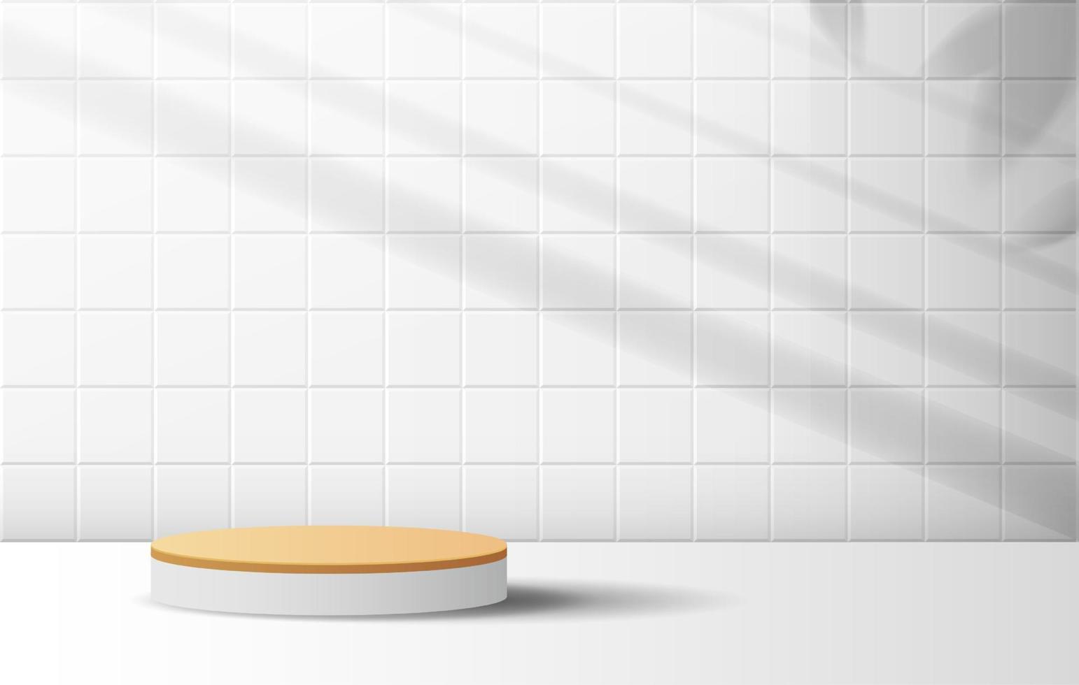 sfondo cosmetico e podio premium sul tavolo con scena di parete in piastrelle bianche e display per il marchio di presentazione del prodotto e la presentazione dell'imballaggio. disegno vettoriale in studio