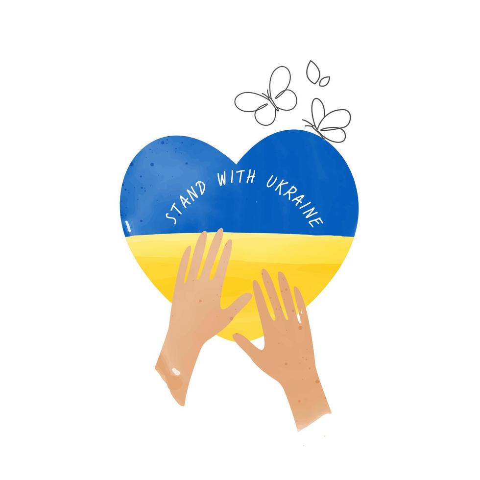 stand con arte piatta dell'ucraina su sfondo bianco, concetto di preghiera di forma di amore della bandiera dell'ucraina. salvare l'ucraina dalla russia. disegno vettoriale