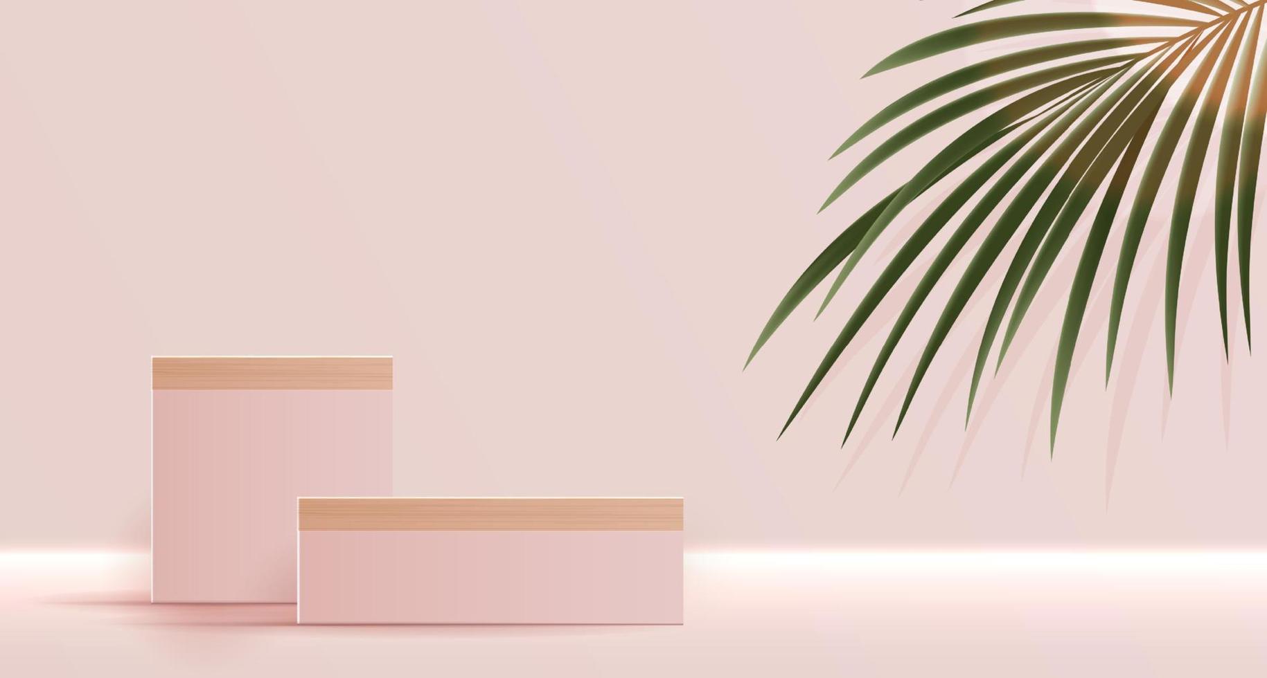 sfondo rosa cosmetico e display premium sul podio per il marchio di presentazione del prodotto e la presentazione dell'imballaggio. palco in studio con ombra di sfondo foglia. disegno vettoriale