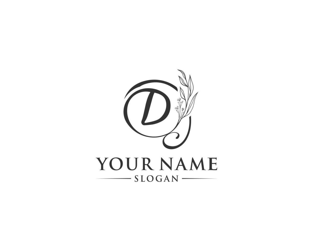 bella lettera d logo design, logo d vettore, logo scritto a mano di firma, matrimonio, negozio di moda, negozio di cosmetici, negozio di bellezza, boutique, logo creativo floreale. vettore