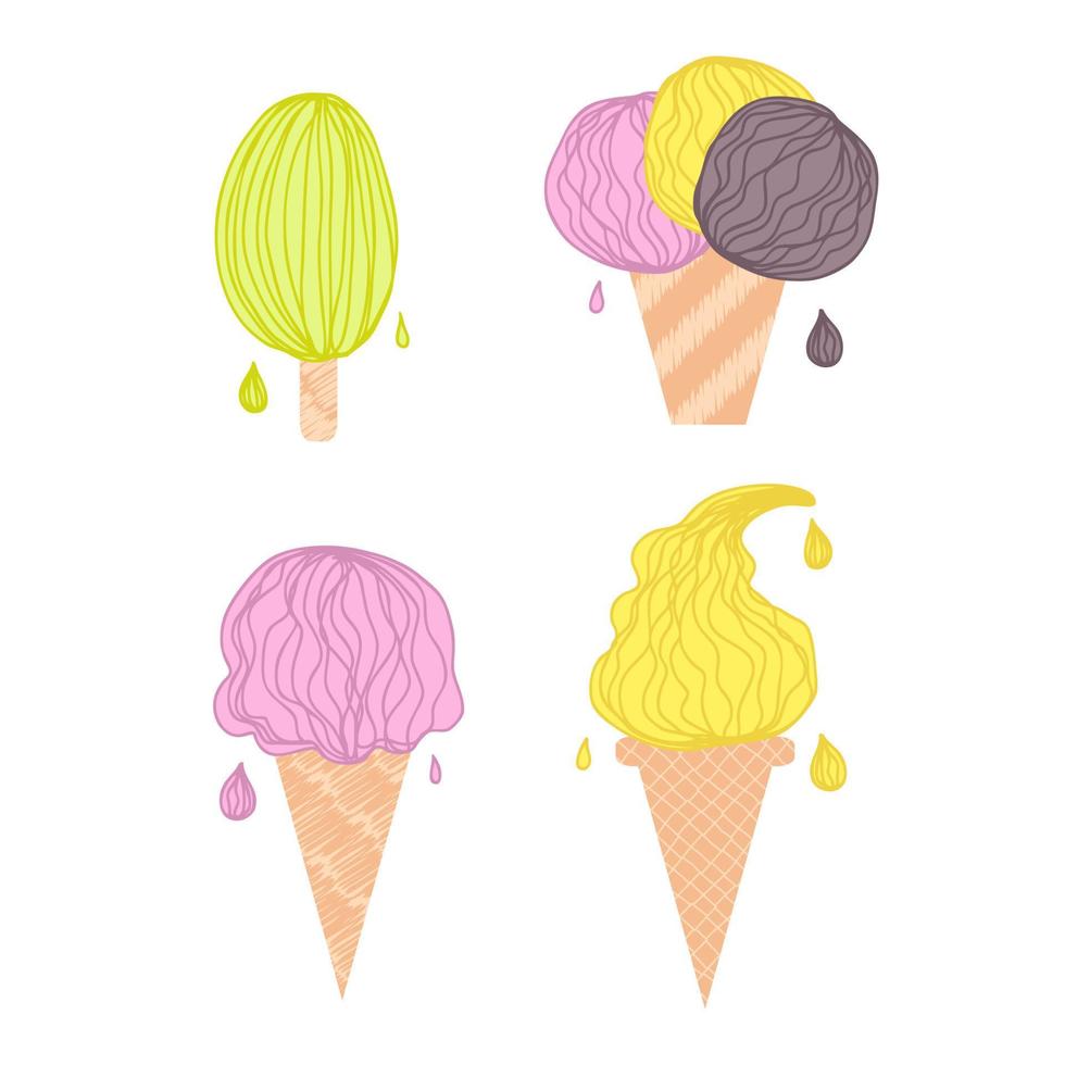 doodle gocciolante varie collezioni di gelati. vettore