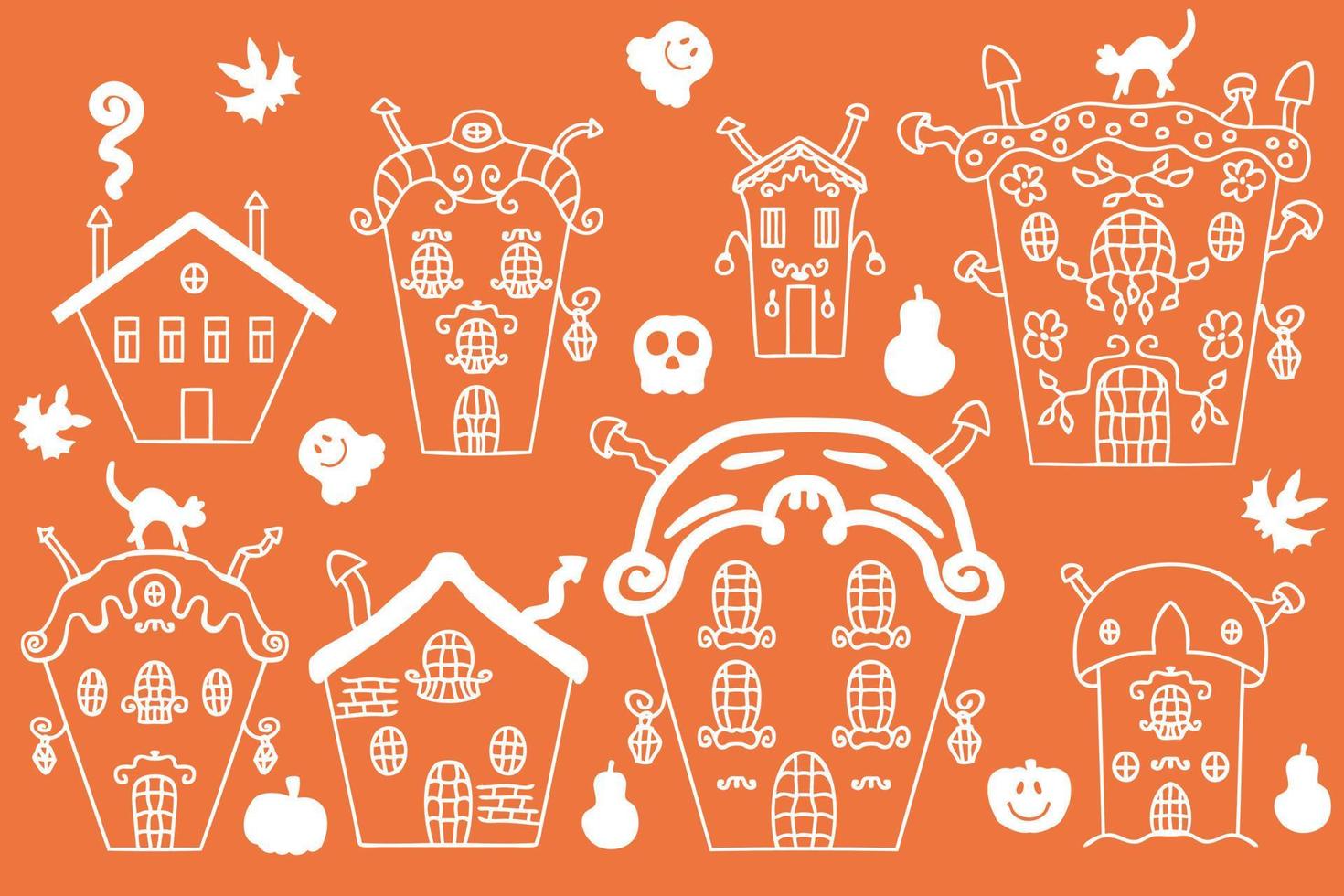 banner di halloween con case spettrali, zucche, gatti, pipistrelli e fantasmi. vettore