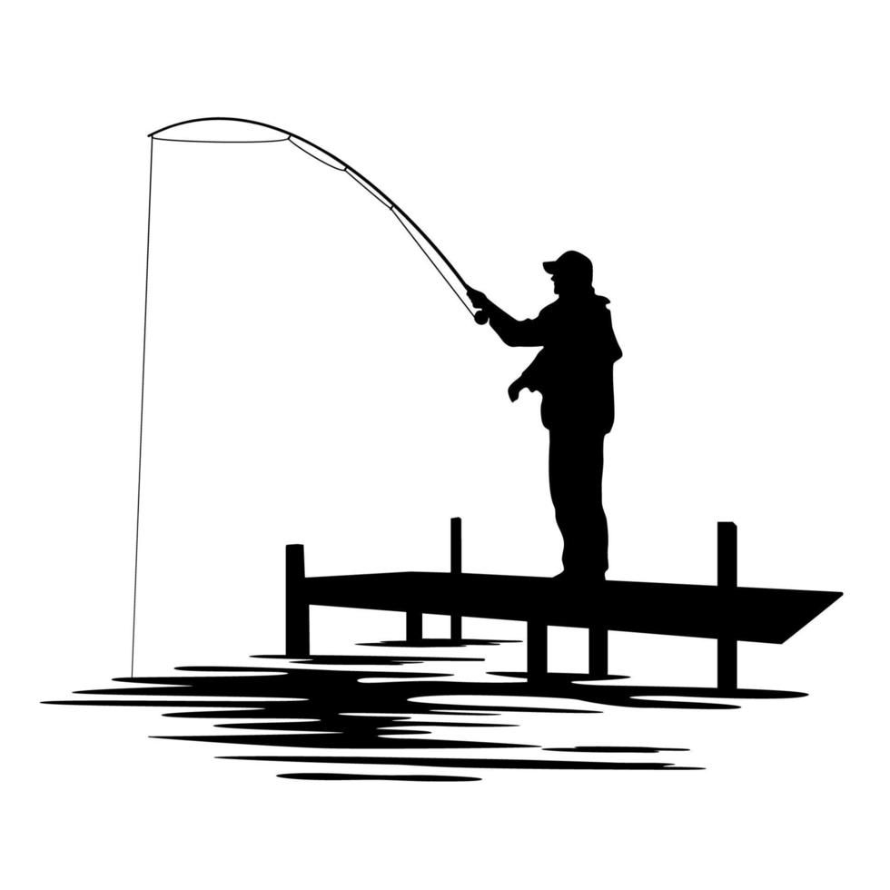 sagoma nera di un pescatore con un berretto che tiene una canna da pesca e in piedi su un ponte. pescare su un fiume o un lago. illustrazione vettoriale