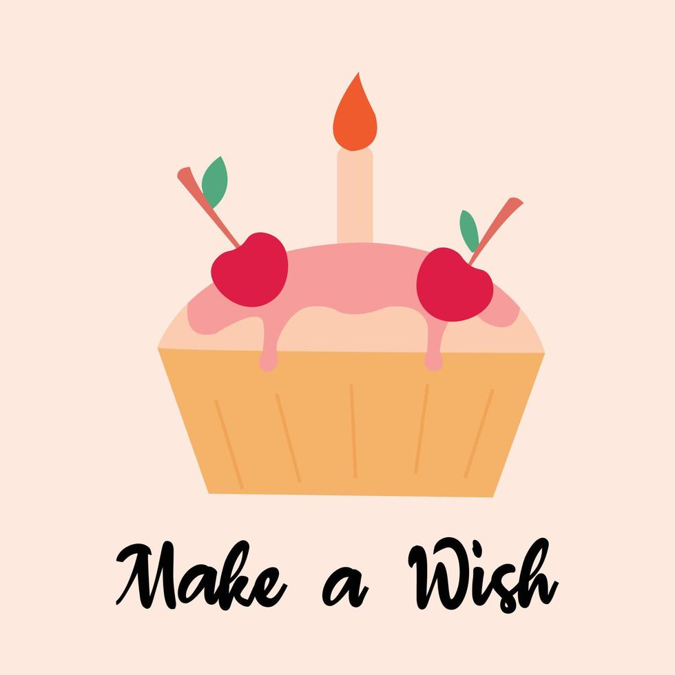 congratulazioni esprimi un desiderio scritta con cupcake. design calligrafico per la grafica di poster di cartoline. elemento colorato della carta di buon compleanno di vettore semplice. torta di decorazioni per feste con candela.