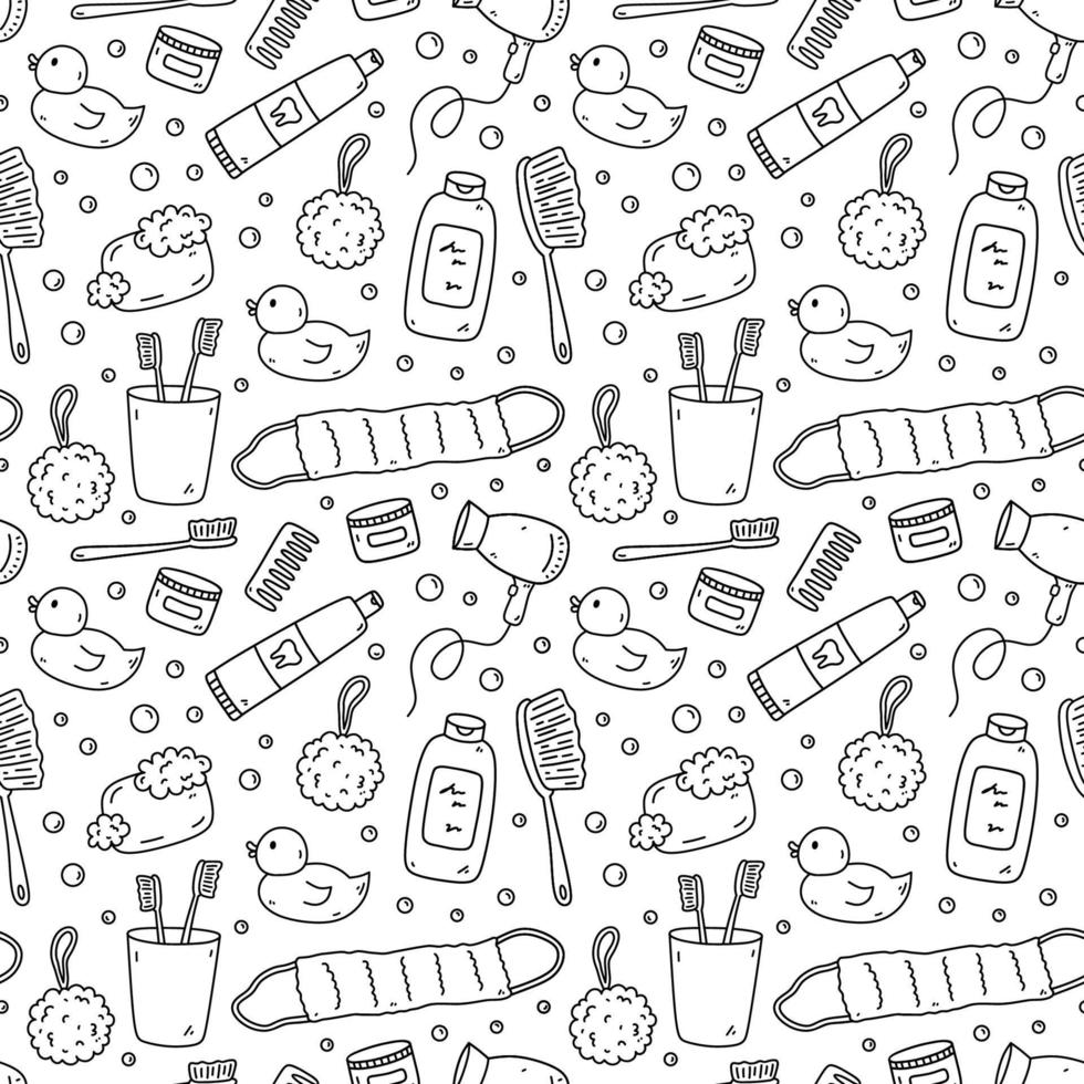 modello senza cuciture con accessori da bagno - shampoo, papera di gomma, luffa, sapone, crema, asciugacapelli, spazzolino da denti. illustrazione disegnata a mano di vettore in stile doodle. perfetto per la stampa, carta da imballaggio, carta da parati