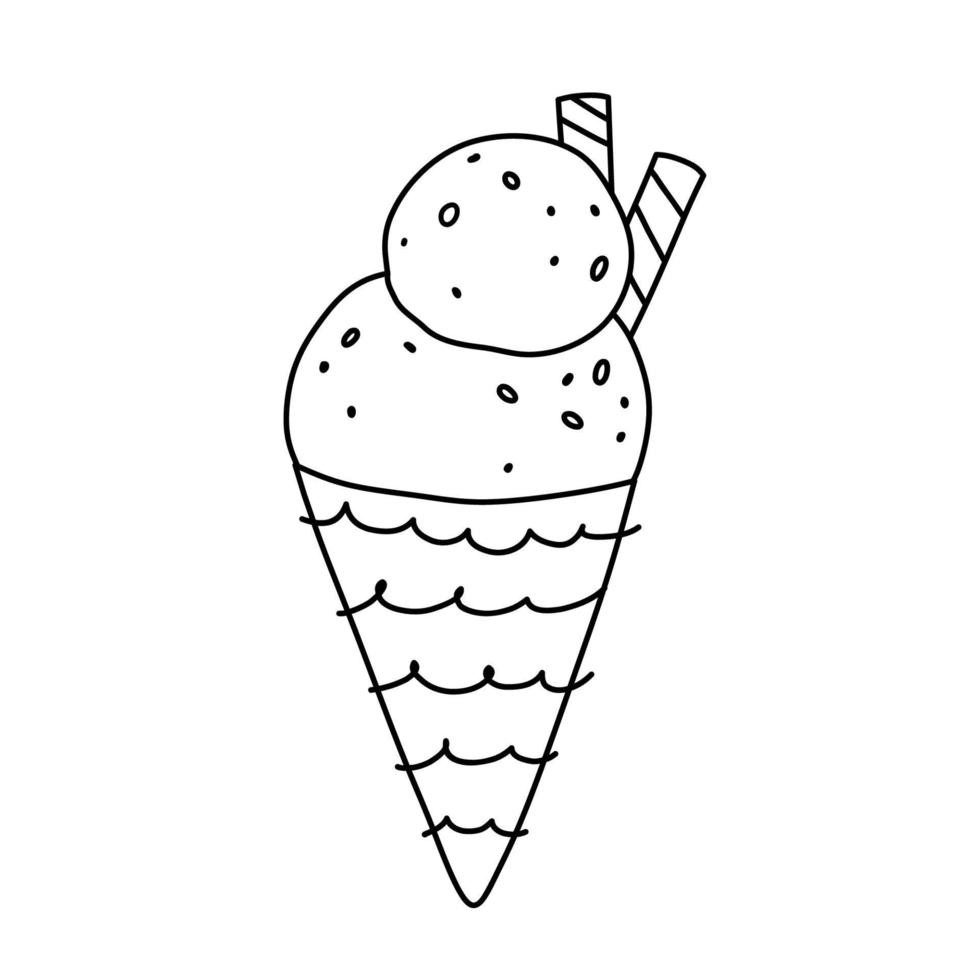 carino cono gelato isolato su sfondo bianco. cibo dolce. illustrazione disegnata a mano di vettore in stile doodle. perfetto per vari disegni, carte, decorazioni, logo, menu.