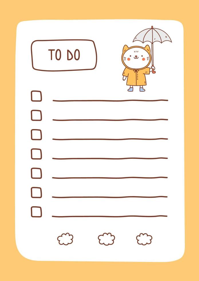 modello di lista delle cose da fare decorato da kawaii cat. design carino di programma, agenda giornaliera o lista di controllo. illustrazione disegnata a mano di vettore. perfetto per la pianificazione, gli appunti e l'auto-organizzazione. vettore