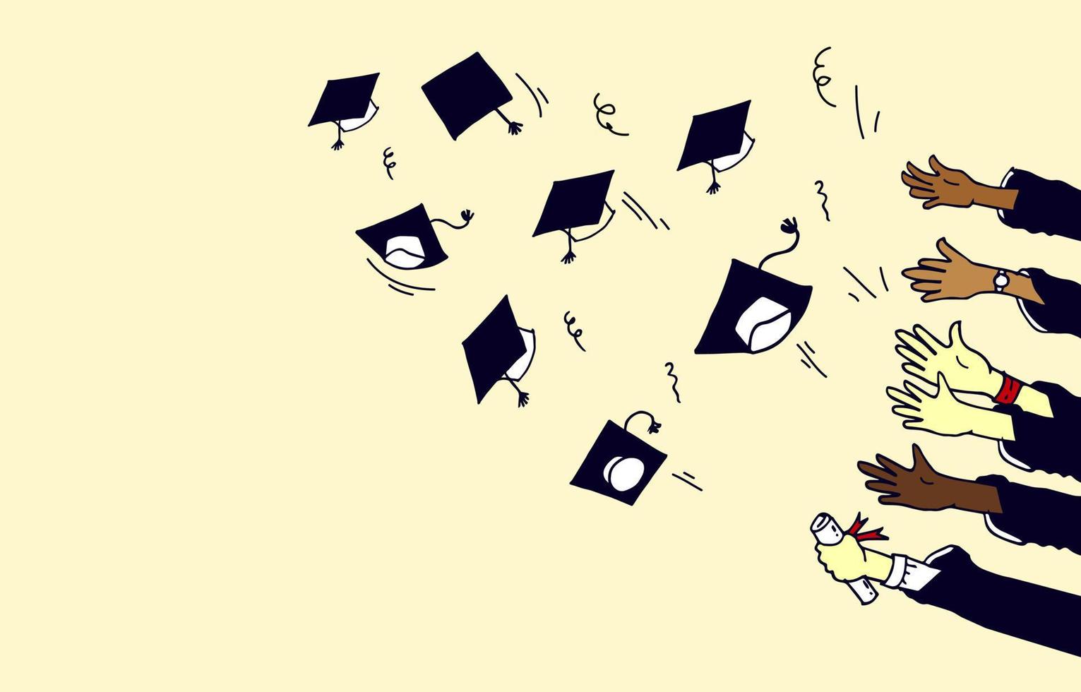 concetto di cerimonia di laurea di doodle. mani che lanciano cappelli di laurea in aria, mani che battono le mani. gesti di applausi. illustrazione vettoriale