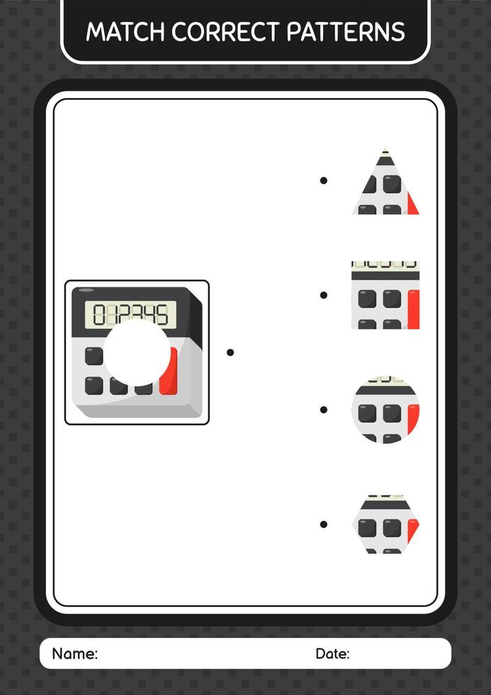 partita modello gioco con calcolatrice. foglio di lavoro per bambini in età prescolare, foglio attività per bambini vettore