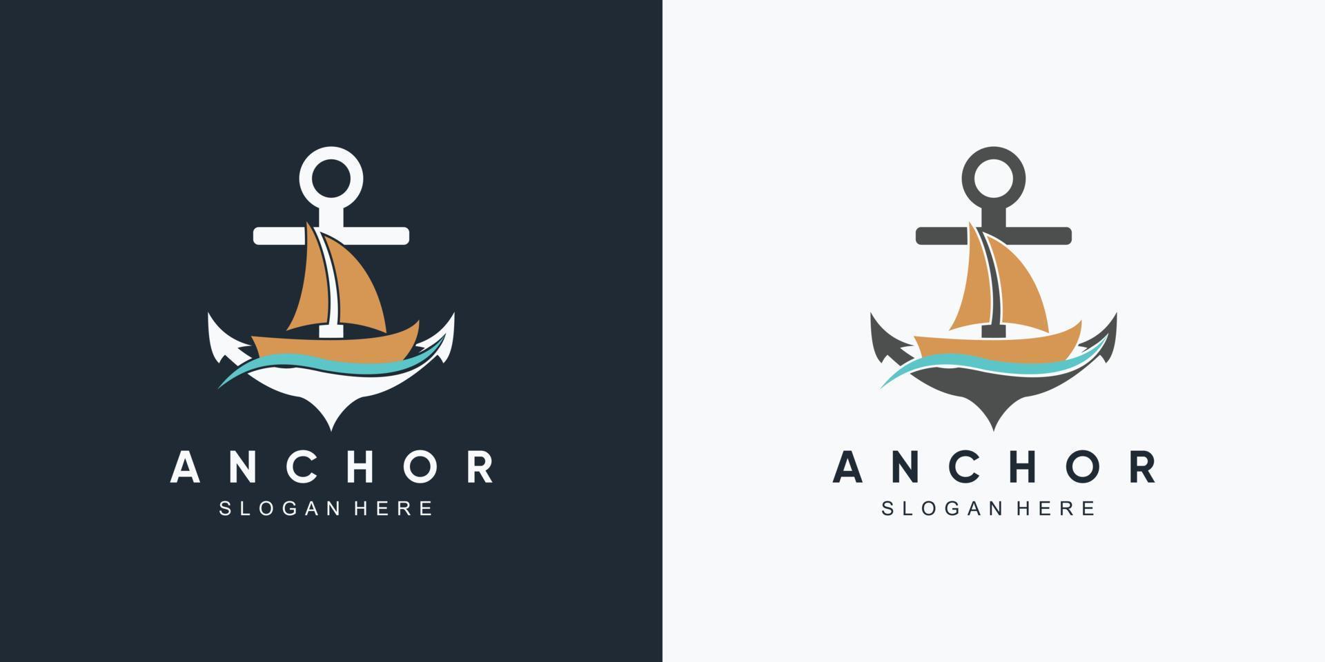 modello di progettazione del logo dell'icona della ruota della nave e della marina di ancoraggio con elemento creativo vettore