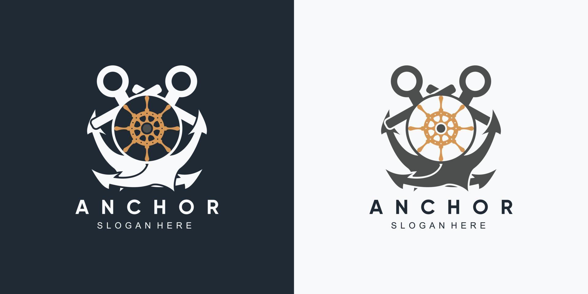 modello di progettazione del logo dell'icona della ruota della nave e della marina di ancoraggio con elemento creativo vettore