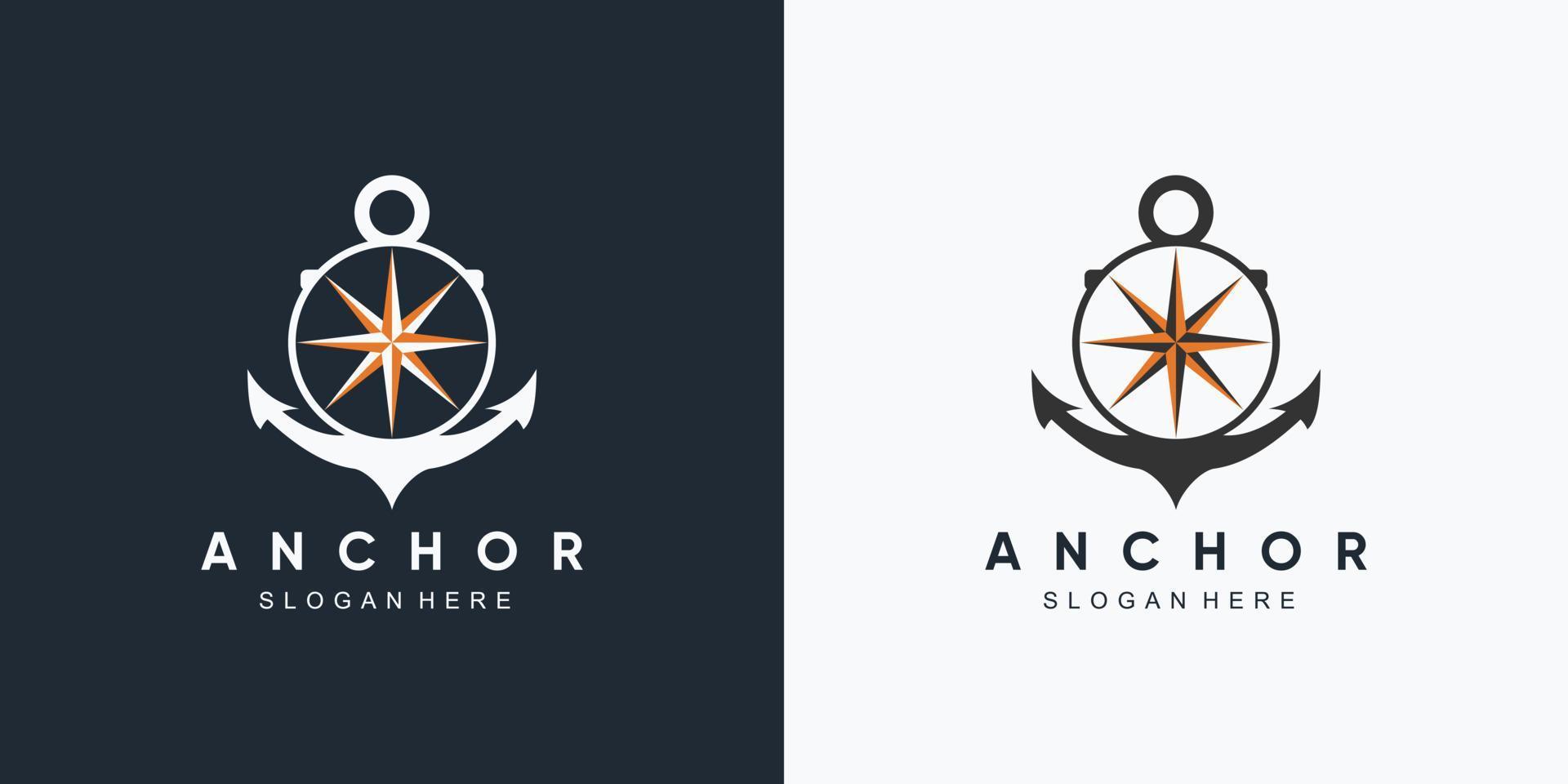 modello di progettazione del logo dell'icona della ruota della nave e della marina di ancoraggio con elemento creativo vettore