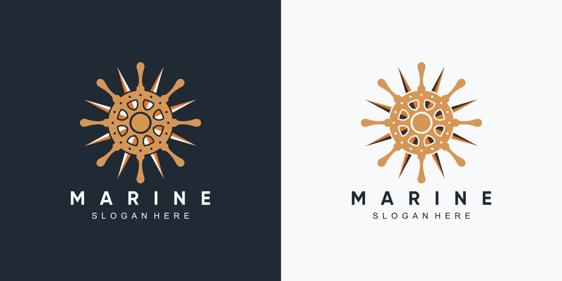 modello di progettazione del logo dell'icona della ruota della nave e della marina di ancoraggio con elemento creativo vettore