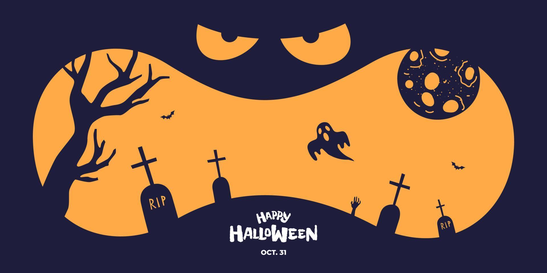 felice festa di halloween banner design orizzontale. jack o lantern zucca faccia spaventosa su sfondo blu scuro. sagoma del cimitero con tombe e luna. tradizionale biglietto di auguri per le vacanze del 31 ottobre vettore
