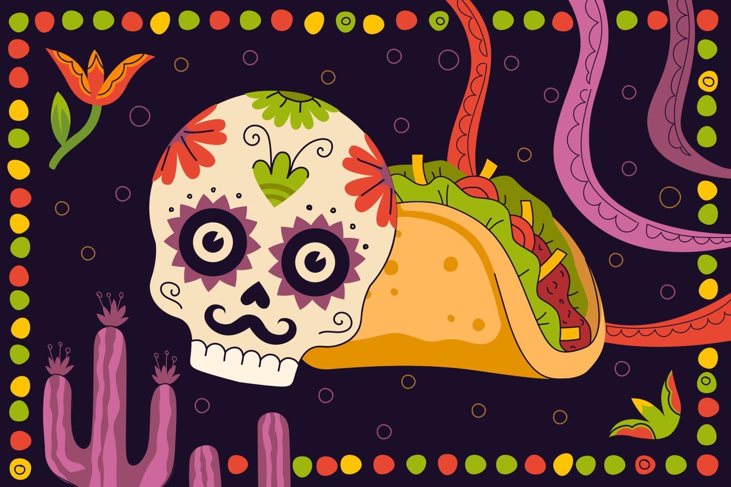 poster di disegno di tacos fast food messicani per il menu del ristorante di cucina messicana per la pubblicità del ristorante taqueria. scheletro di teschio, ornamento e tradizionale tortilla piatto latinoamericano ripieno. striscione di taco vettore