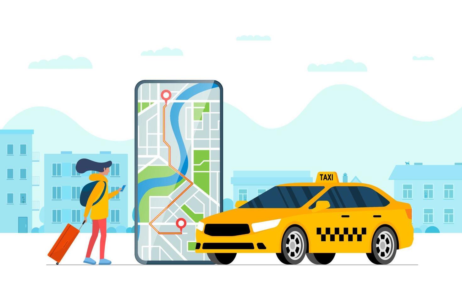 concetto di app per il servizio di ordinazione dei taxi. ragazza che prenota taxi giallo. donna con smartphone ordina trasferimento auto online. percorso e indirizzo di arrivo sulla mappa della città sullo schermo del cellulare. applicazione web prendi il taxi. vettore