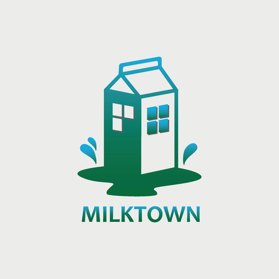 design del logo della bevanda al latte a forma di scatola come un edificio vettore