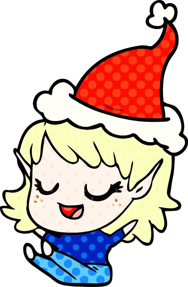 felice in stile fumetto illustrazione di una ragazza elfo seduta indossando santa hat vettore