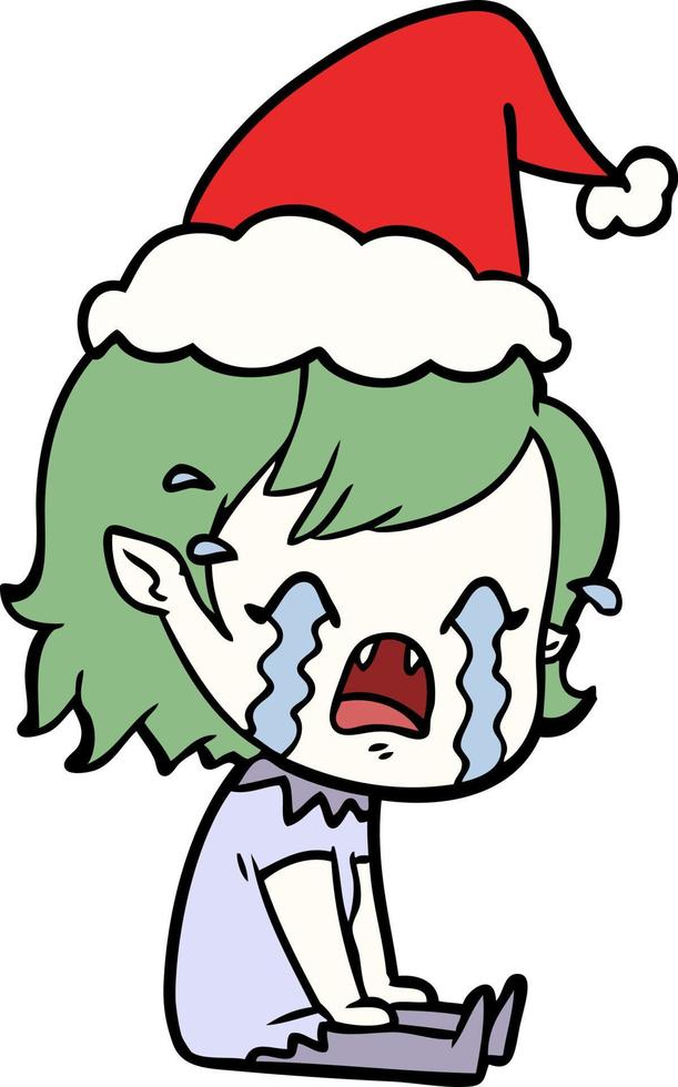 disegno a tratteggio di una ragazza vampira piangente che indossa il cappello di Babbo Natale vettore