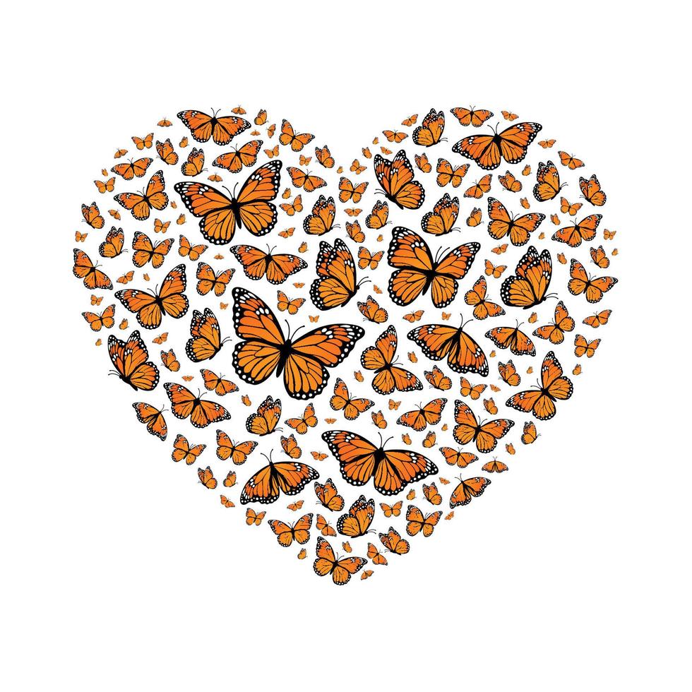 farfalle monarca a forma di cuore. illustrazione vettoriale isolato su sfondo bianco