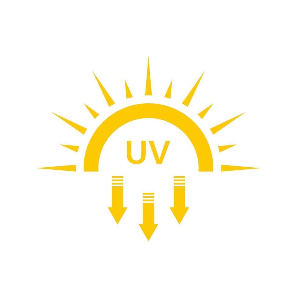 icona gialla della siluetta dei raggi ultravioletti. la freccia uv del sole protegge il pittogramma del glifo con radiazioni. icona di protezione della pelle di protezione della protezione solare. protezione solare spf resistente ai raggi solari. illustrazione vettoriale isolata.