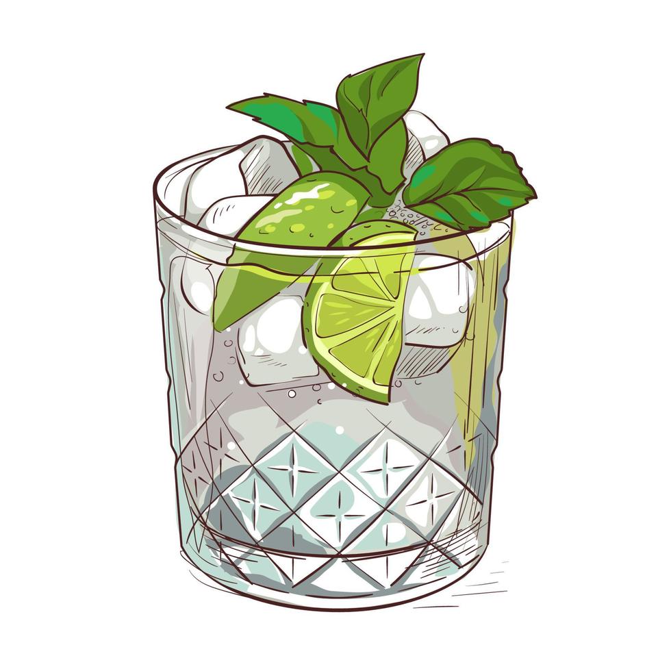 cocktail mojito, cocktail disegnato a mano con ghiaccio, menta e lime. illustrazione vettoriale