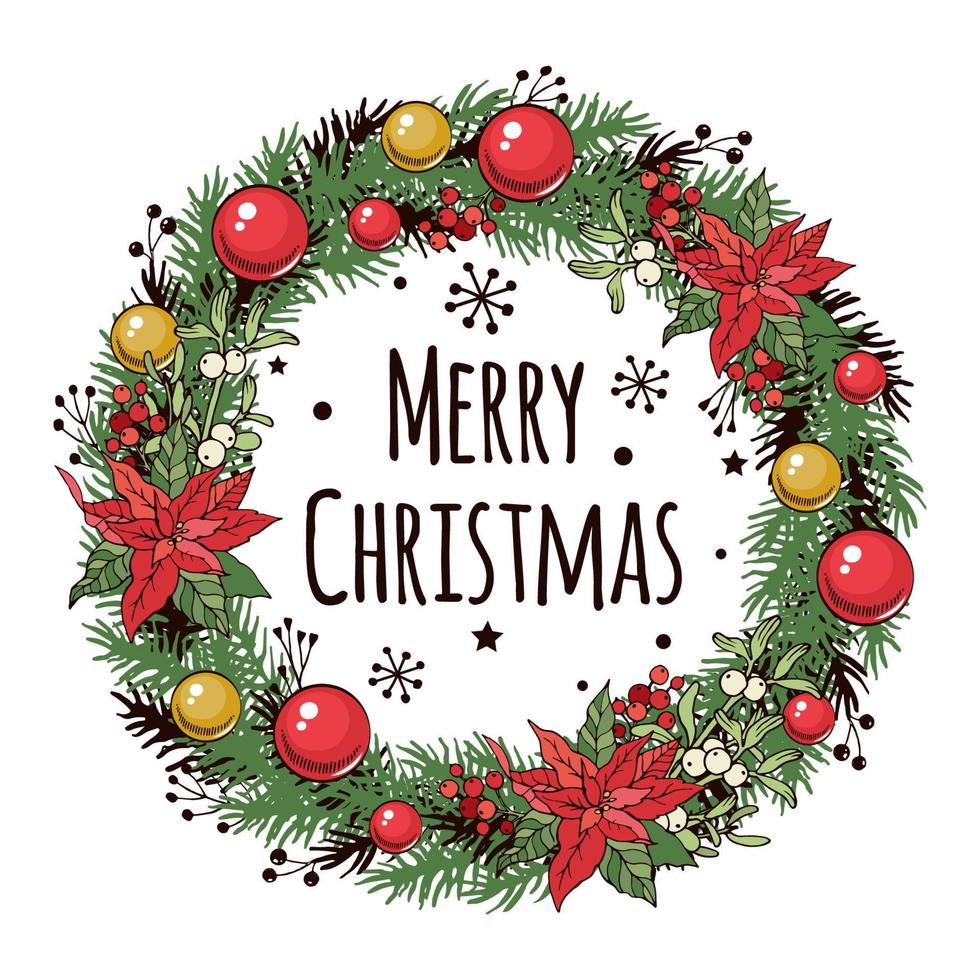 vettore ghirlanda di Natale di stella di Natale rossa, rami di pino e bacche, decorata con palline di Natale rosse e gialle