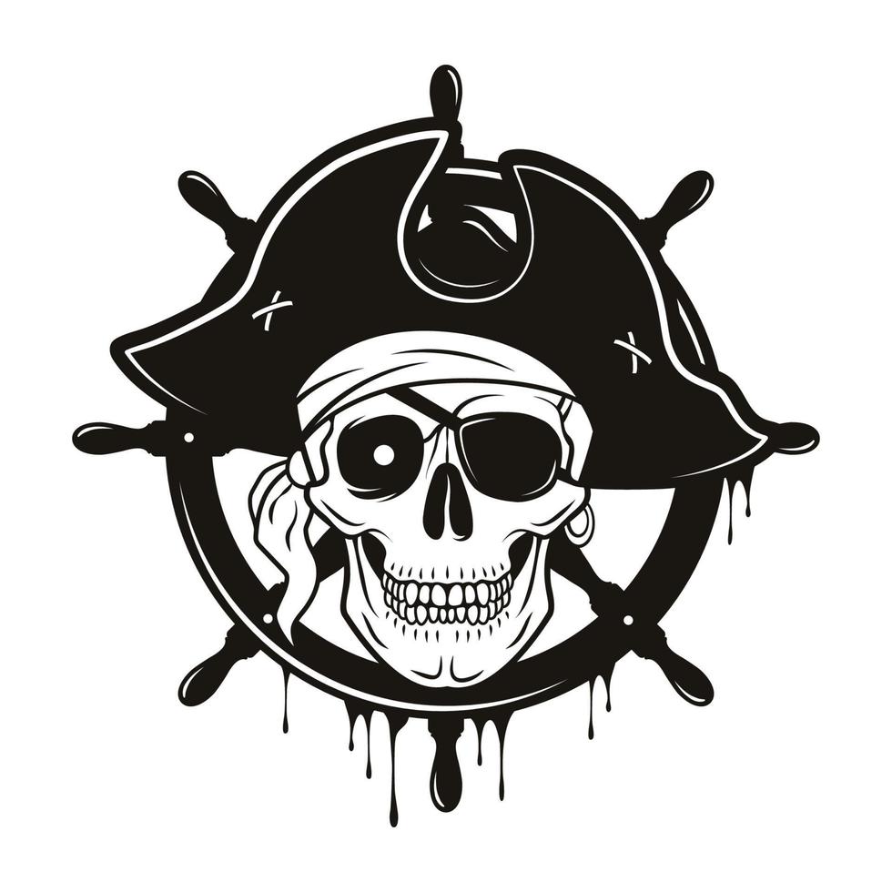 emblema dei pirati con volante e teschio con cappello e benda sull'occhio. illustrazione del fumetto disegnato a mano di vettore isolata su fondo bianco