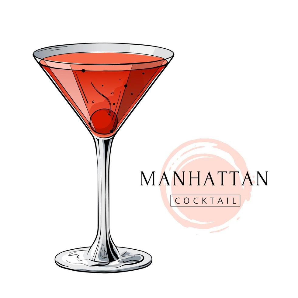 cocktail di manhattan, bevanda alcolica disegnata a mano con ciliegia. Illustrazione vettoriale su sfondo bianco