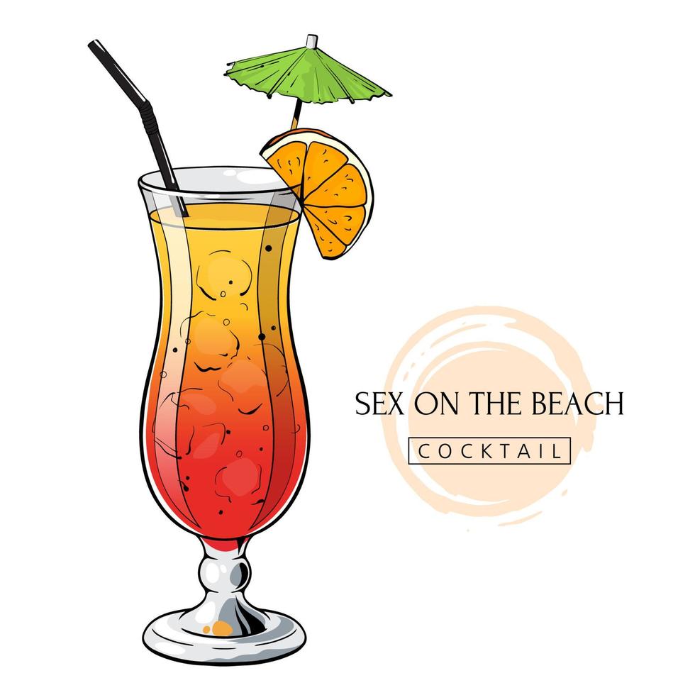 cocktail di sesso sulla spiaggia, bevanda alcolica disegnata a mano con fetta d'arancia e ombrellone. Illustrazione vettoriale su sfondo bianco