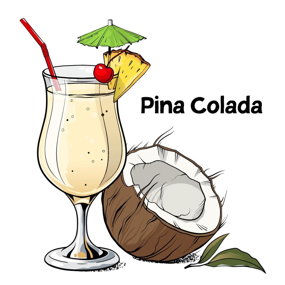 cocktail di pina colada, bevanda alcolica disegnata a mano con cocco, fetta di ananas e ciliegia. Illustrazione vettoriale su sfondo bianco